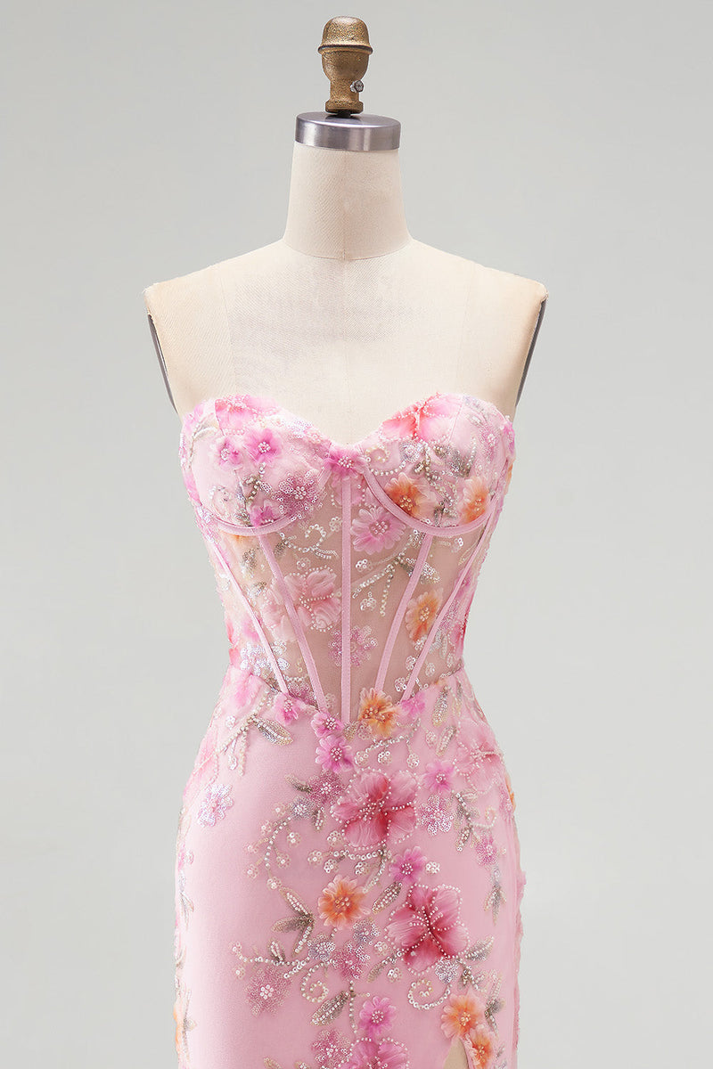 Load image into Gallery viewer, Pink Sparkly Mermaid Corset Sweetheart Beaded Floral Long Prom Dress with Slit