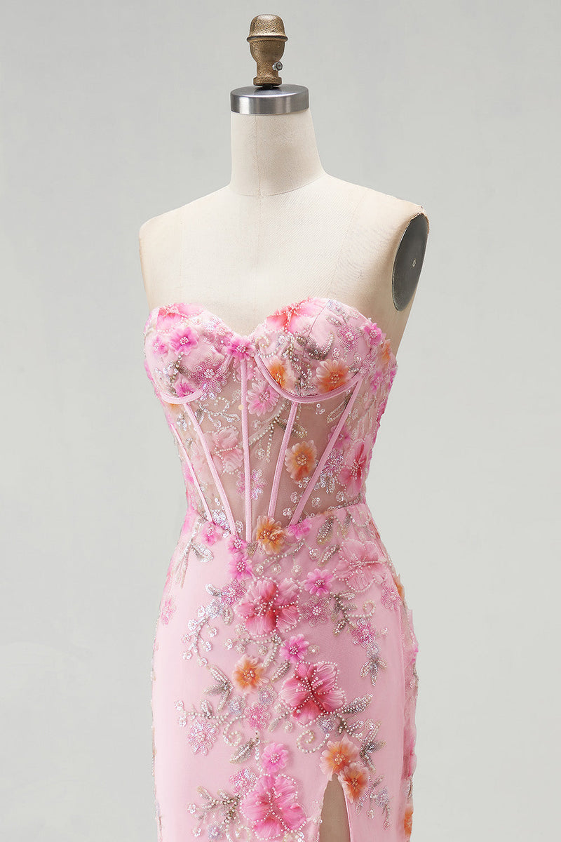 Load image into Gallery viewer, Pink Sparkly Mermaid Corset Sweetheart Beaded Floral Long Prom Dress with Slit