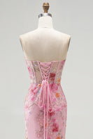 Load image into Gallery viewer, Pink Sparkly Mermaid Corset Sweetheart Beaded Floral Long Prom Dress with Slit