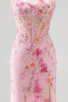 Load image into Gallery viewer, Pink Sparkly Mermaid Corset Sweetheart Beaded Floral Long Prom Dress with Slit