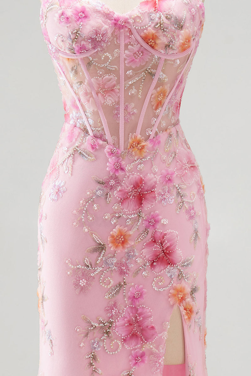 Load image into Gallery viewer, Pink Sparkly Mermaid Corset Sweetheart Beaded Floral Long Prom Dress with Slit