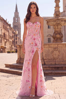 Load image into Gallery viewer, Pink Sparkly Mermaid Corset Sweetheart Beaded Floral Long Prom Dress with Slit