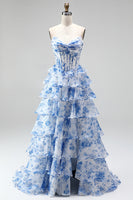 Load image into Gallery viewer, Floral Blue Printed A Line Ruffled Strapless Ruched Corset Long Prom Dress with Slit