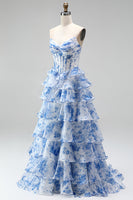 Load image into Gallery viewer, Floral Blue Printed A Line Ruffled Strapless Ruched Corset Long Prom Dress with Slit