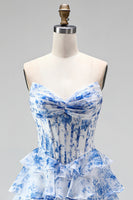 Load image into Gallery viewer, Floral Blue Printed A Line Ruffled Strapless Ruched Corset Long Prom Dress with Slit