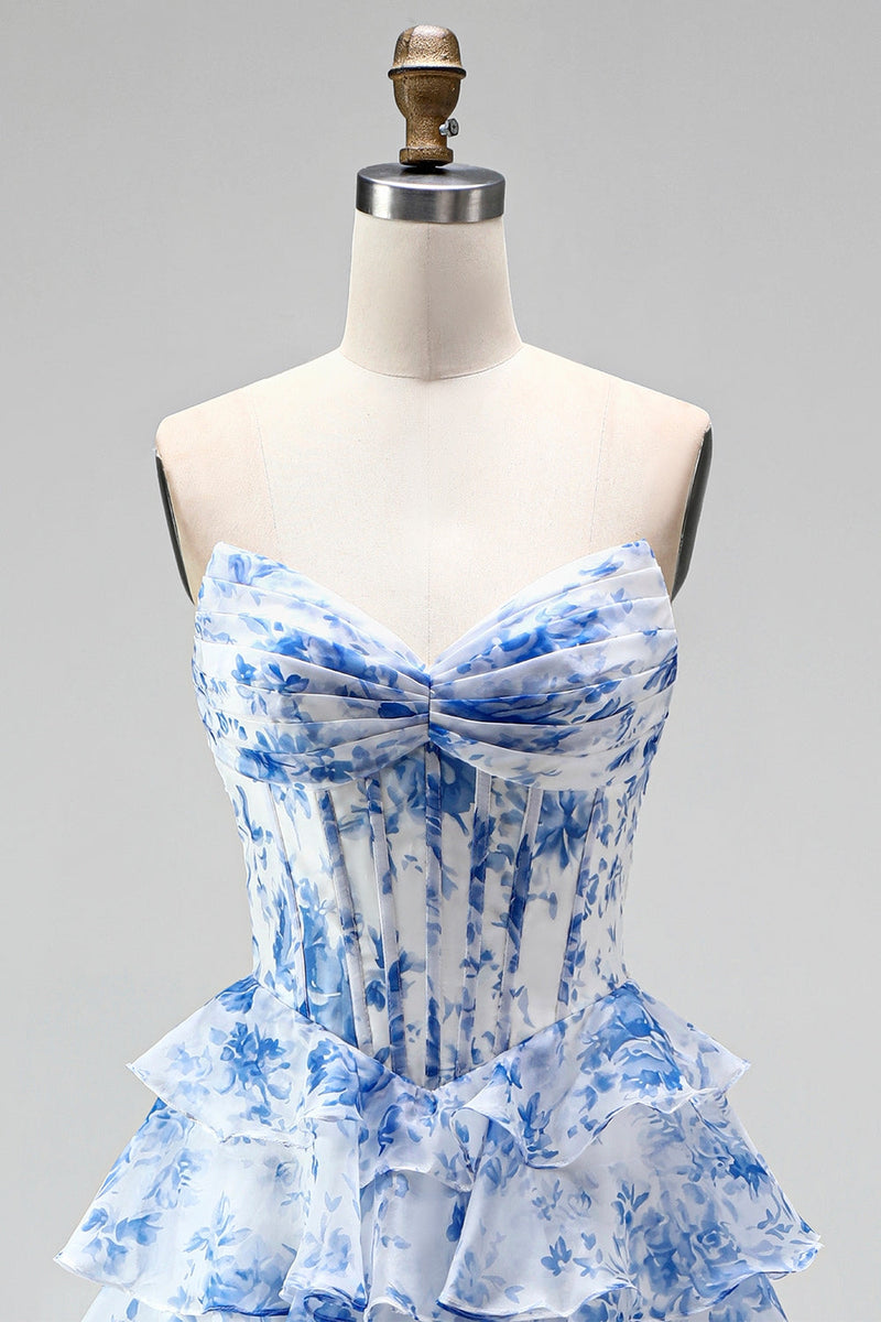 Load image into Gallery viewer, Floral Blue Printed A Line Ruffled Strapless Ruched Corset Long Prom Dress with Slit
