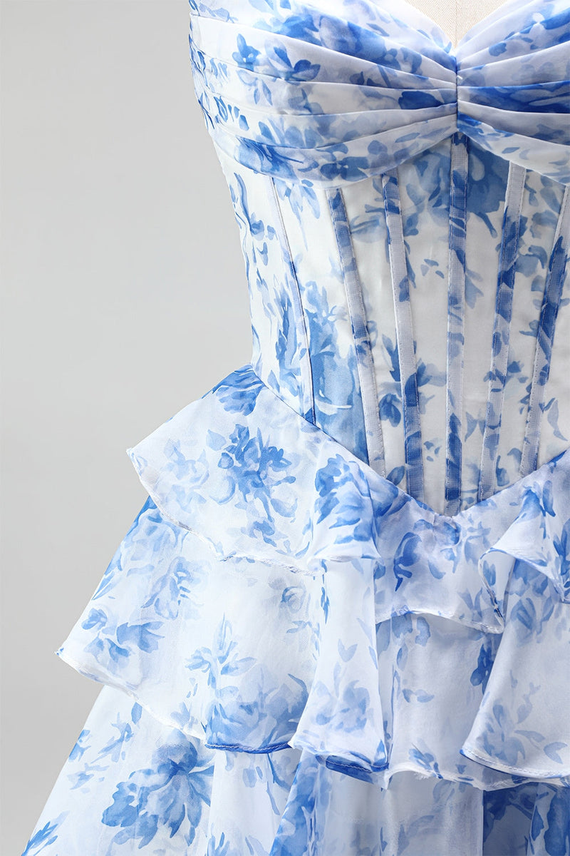 Load image into Gallery viewer, Floral Blue Printed A Line Ruffled Strapless Ruched Corset Long Prom Dress with Slit