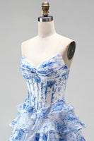 Load image into Gallery viewer, Floral Blue Printed A Line Ruffled Strapless Ruched Corset Long Prom Dress with Slit