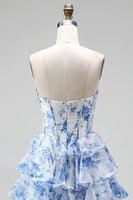 Load image into Gallery viewer, Floral Blue Printed A Line Ruffled Strapless Ruched Corset Long Prom Dress with Slit