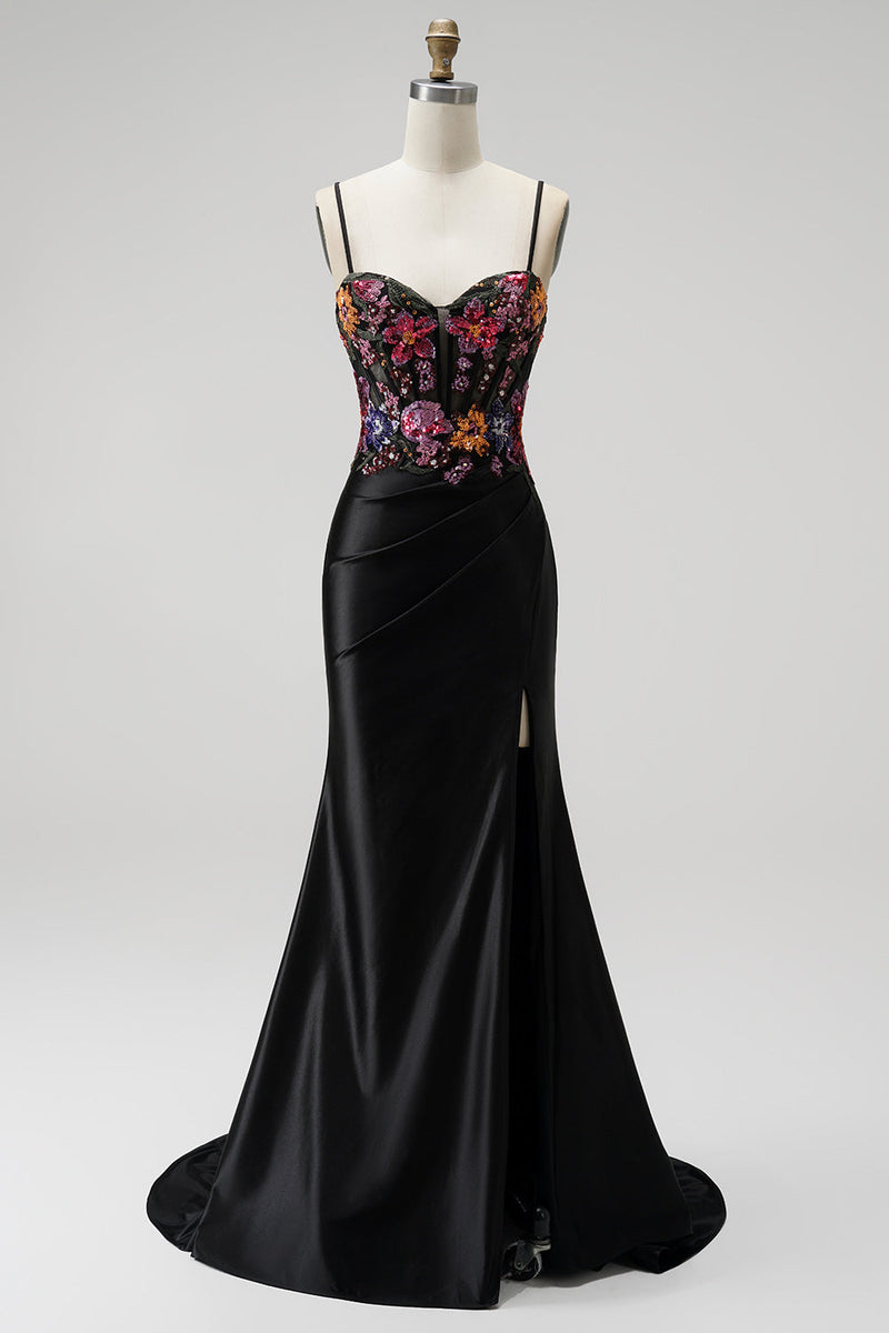 Load image into Gallery viewer, Sparkly Black Corset Floral Mermaid Sequin Satin Long Prom Dress with Slit