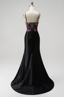 Load image into Gallery viewer, Sparkly Black Corset Floral Mermaid Sequin Satin Long Prom Dress with Slit