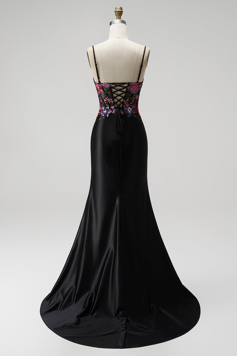 Load image into Gallery viewer, Sparkly Black Corset Floral Mermaid Sequin Satin Long Prom Dress with Slit