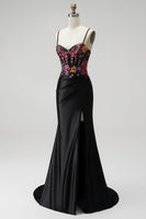 Load image into Gallery viewer, Sparkly Black Corset Floral Mermaid Sequin Satin Long Prom Dress with Slit