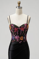 Load image into Gallery viewer, Sparkly Black Corset Floral Mermaid Sequin Satin Long Prom Dress with Slit