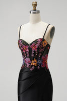 Load image into Gallery viewer, Sparkly Black Corset Floral Mermaid Sequin Satin Long Prom Dress with Slit