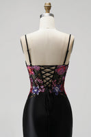 Load image into Gallery viewer, Sparkly Black Corset Floral Mermaid Sequin Satin Long Prom Dress with Slit