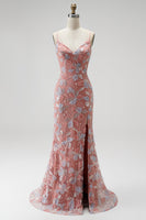 Load image into Gallery viewer, Floral Dusty Rose Sparkly Mermaid Beaded Long Prom Dress with Slit