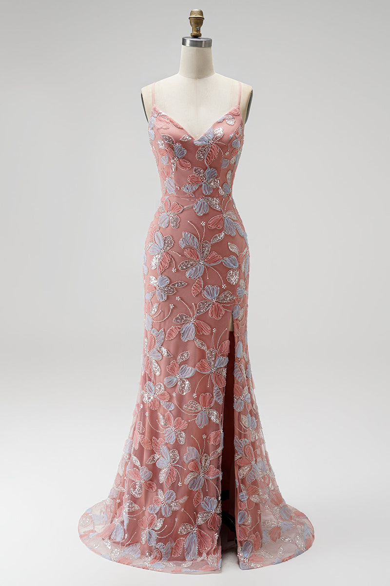 Load image into Gallery viewer, Floral Dusty Rose Sparkly Mermaid Beaded Long Prom Dress with Slit