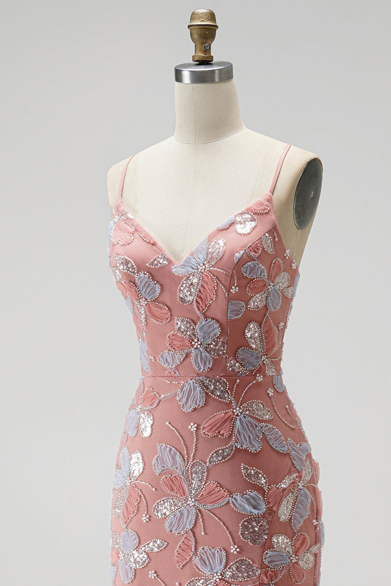 Load image into Gallery viewer, Floral Dusty Rose Sparkly Mermaid Beaded Long Prom Dress with Slit