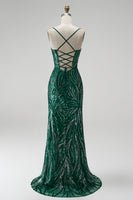 Load image into Gallery viewer, Dark Green Sparkly Mermaid Floral Sequin Spaghetti Straps Long Prom Dress with Slit