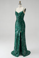 Load image into Gallery viewer, Dark Green Sparkly Mermaid Floral Sequin Spaghetti Straps Long Prom Dress with Slit