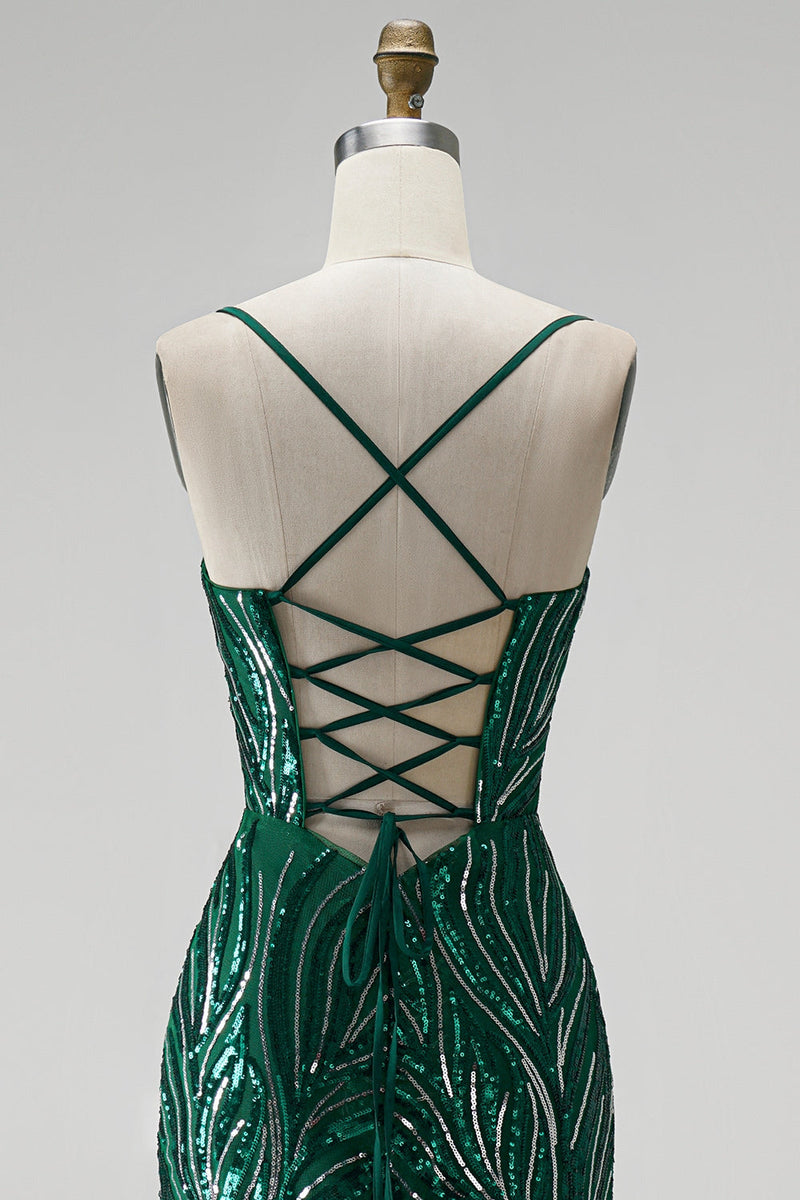 Load image into Gallery viewer, Dark Green Sparkly Mermaid Floral Sequin Spaghetti Straps Long Prom Dress with Slit