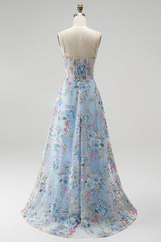 Floral Blue Corset A Line Spaghetti Straps Long Prom Dress