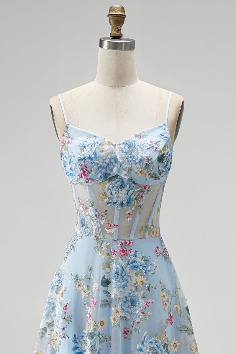 Load image into Gallery viewer, Floral Blue Corset A Line Spaghetti Straps Long Prom Dress