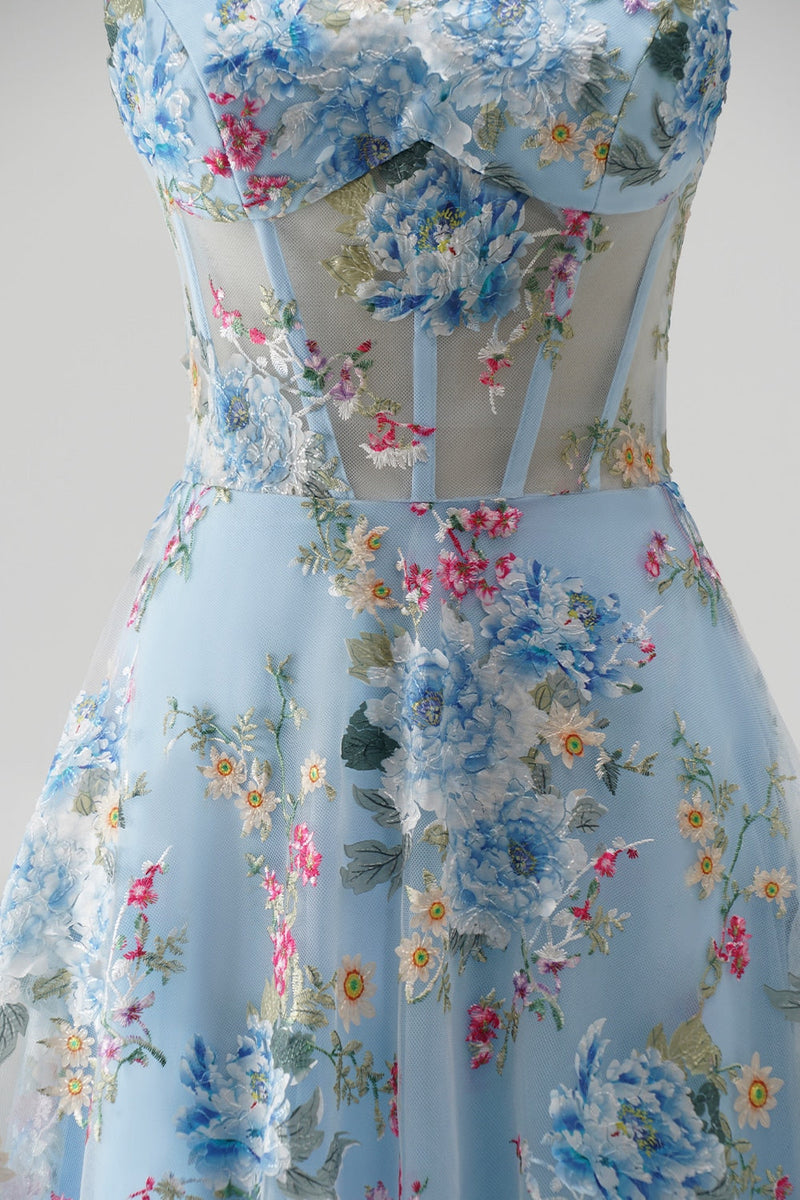 Load image into Gallery viewer, Floral Blue Corset A Line Spaghetti Straps Long Prom Dress