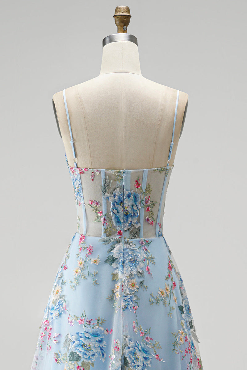 Load image into Gallery viewer, Floral Blue Corset A Line Spaghetti Straps Long Prom Dress