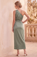 Load image into Gallery viewer, Dusty Blue One Shoulder Ruched Sheath Satin Long Wedding Guest Dress