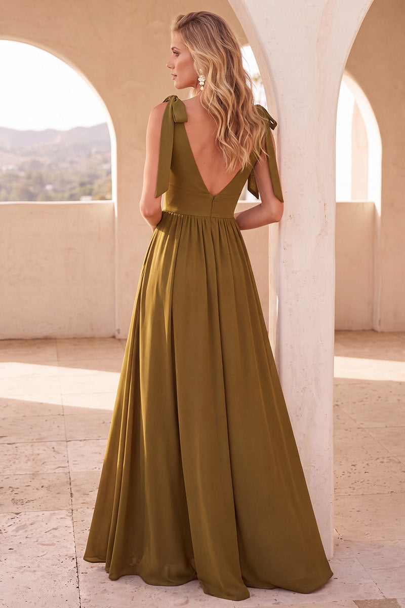Load image into Gallery viewer, Olive Satin Scoop Neck A-Line Long Formal Dress with Pockets