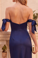 Load image into Gallery viewer, Navy Bodycon Off the Shoulder Satin Midi Formal Dress with Bows