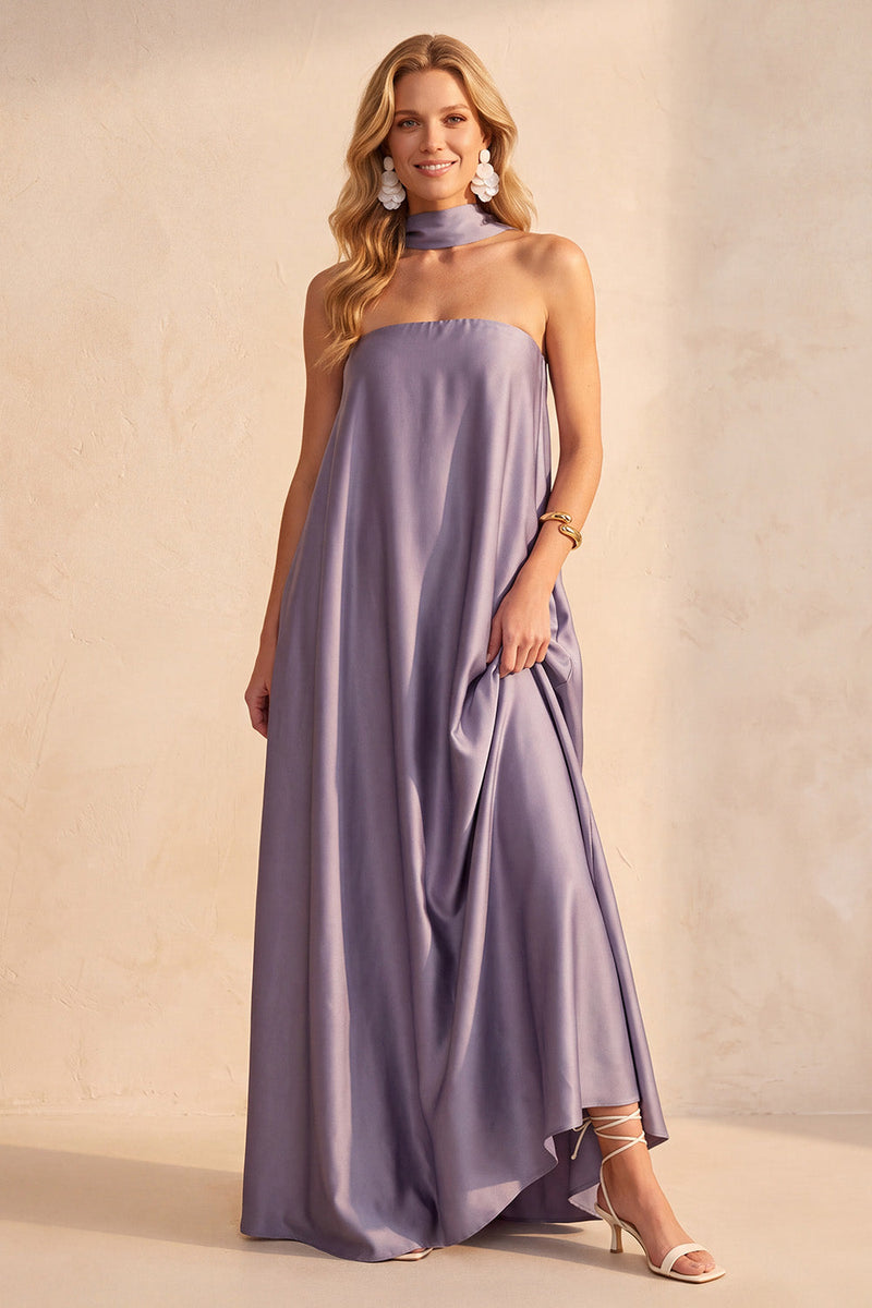 Load image into Gallery viewer, Light Purple Strapless Satin A-Line Long Wedding Guest Dress with Neck Scarf