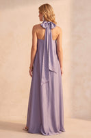 Load image into Gallery viewer, Light Purple Strapless Satin A-Line Long Wedding Guest Dress with Neck Scarf