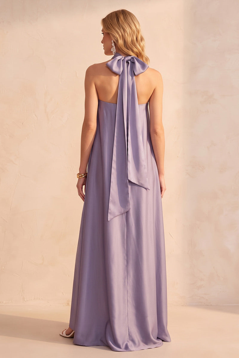 Load image into Gallery viewer, Light Purple Strapless Satin A-Line Long Wedding Guest Dress with Neck Scarf
