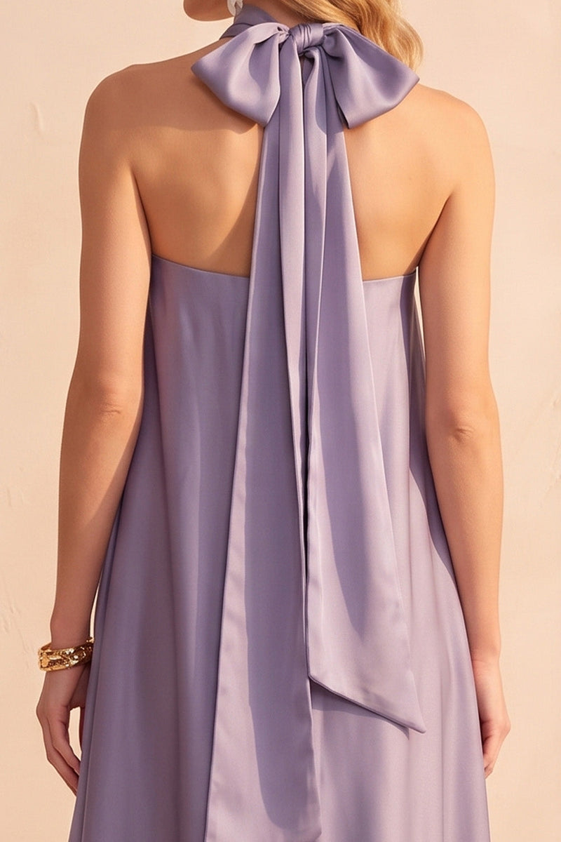 Load image into Gallery viewer, Light Purple Strapless Satin A-Line Long Wedding Guest Dress with Neck Scarf