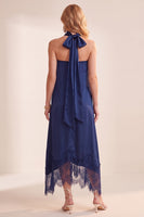 Load image into Gallery viewer, Navy Sheath Strapless A-Line Satin Long Wedding Guest Dress with Pockets