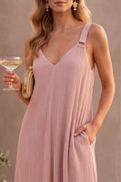 Load image into Gallery viewer, Pleated Dusty Rose Sheath Chiffon V-Neck Long Wedding Guest Dress with Pockets