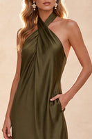 Load image into Gallery viewer, Olive Satin Sheath Halter Long Formal Dress with Pockets