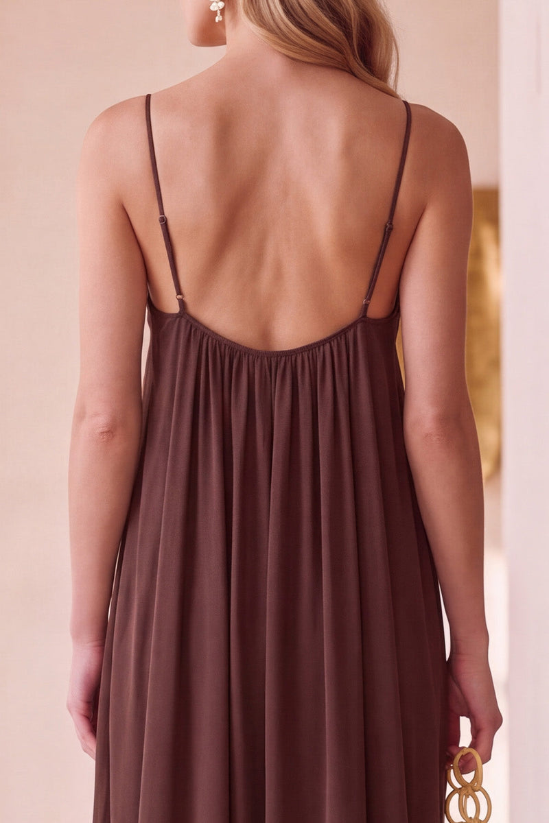 Load image into Gallery viewer, Sheath Coffee Spaghetti Straps Chiffon Long Wedding Guest Dress