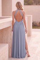 Load image into Gallery viewer, A-Line Dusty Blue Halter Long Formal Dress with Slit