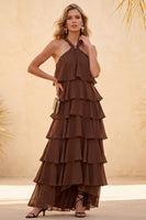 Load image into Gallery viewer, Ruffled Coffee Chiffon A Line Halter Long Wedding Guest Dress with Beading