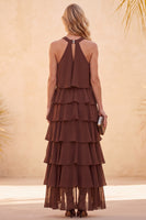 Load image into Gallery viewer, Ruffled Coffee Chiffon A Line Halter Long Wedding Guest Dress with Beading