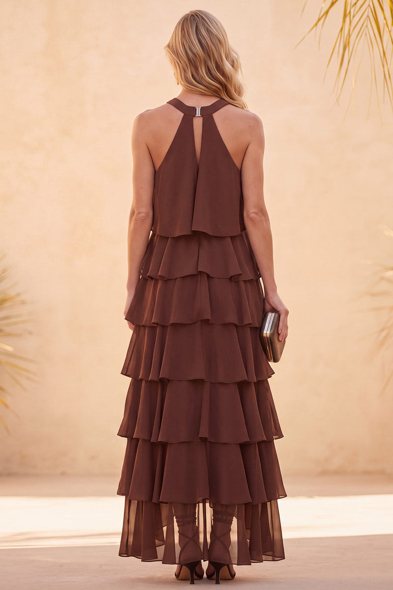 Load image into Gallery viewer, Ruffled Coffee Chiffon A Line Halter Long Wedding Guest Dress with Beading