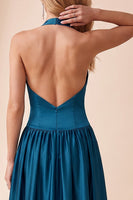 Load image into Gallery viewer, Peacock Blue Halter A-Line Backless Satin Long Formal Dress with Lace