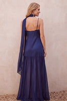 Load image into Gallery viewer, V-Neck Navy Sheath Satin Long Wedding Guest Dress with Neck Scarf