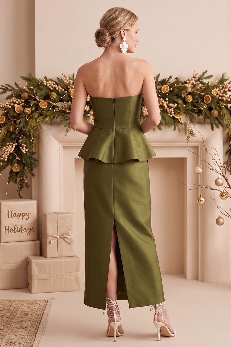 Load image into Gallery viewer, Olive Beaded Sheath Strapless Satin Ruffled Long Formal Dress with Pockets