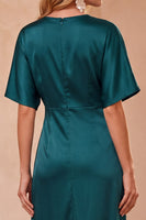 Load image into Gallery viewer, Sheath Peacock Blue Half Sleeves V-Neck Satin Long Wedding Guest Dress with Lace