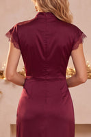 Load image into Gallery viewer, Burgundy High Neck Satin Sheath Long Formal Dress with Slit